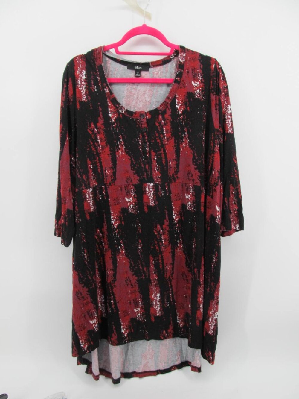Ellos Womens 1X Maroon Black Abstract Tunic Top 3/4 Sleeve High Low 22/24